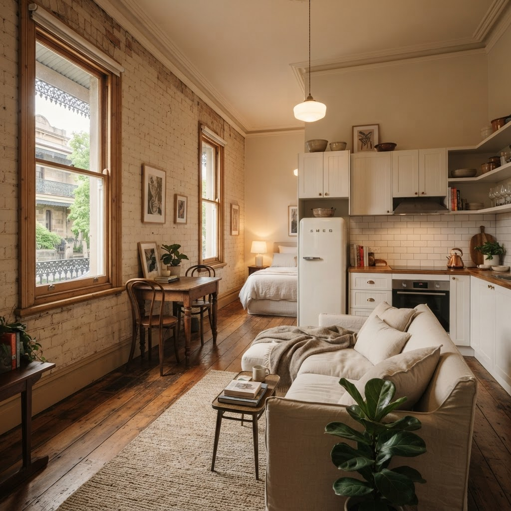 Warm and inviting interior of a St Arnaud Old Post Office Apartment